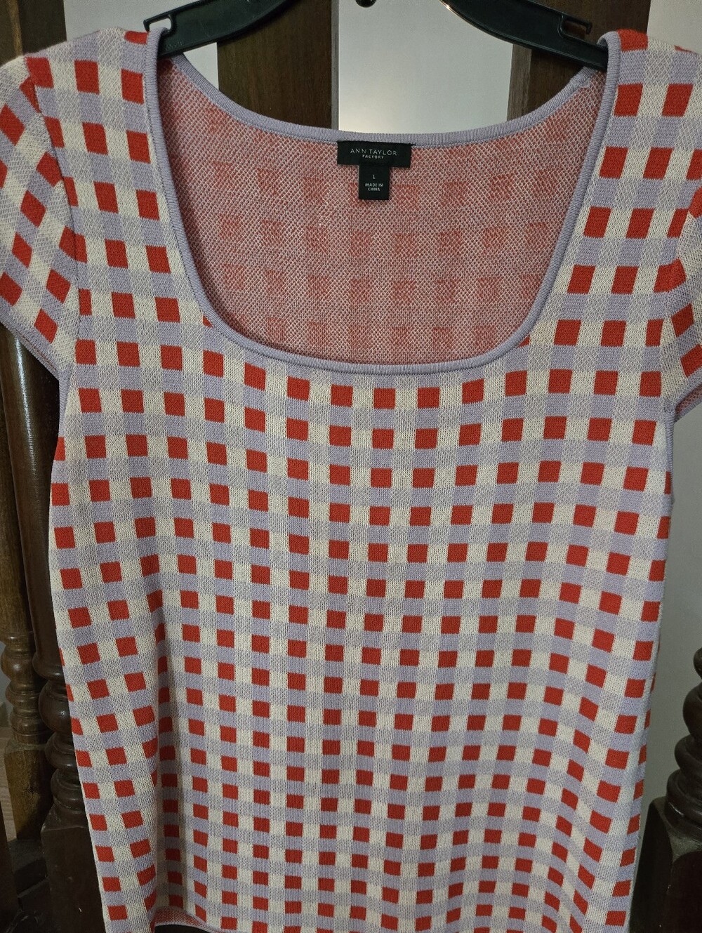Ann Taylor Pink and Red Check Scoop Neck Top